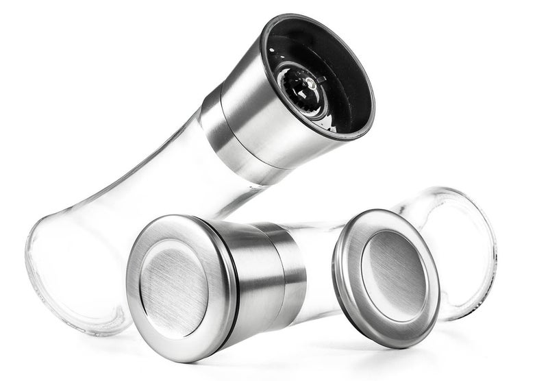 Levav Premium Salt and Pepper Grinder Set of 2- Brushed Stainless Steel Pepper Mill and Salt Mil, Glass Body, Size Grade adjustable ceramic rotor-salt and pepper shakers (tall) - Image 4